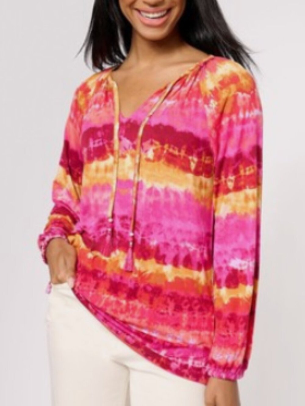 Belle by Kim Gravel Rayon Spandex Painted Desert Tassel Top Peasant Blouse M